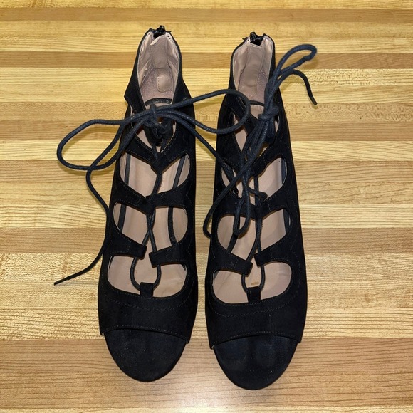 Black Suede Open Toe Wedge Sandals Size 10 - Picture 7 of 9